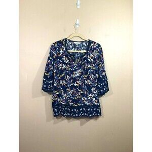 Womens Animal Print Floral V-Neck Shirt 2X Blue Cottage Boho Hippie Bell Sleeves